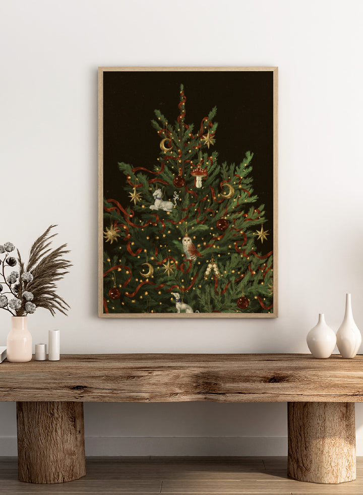 Shop Whimsical Christmas Tree by NKTN, a festive Christmas wall art print poster featuring woodland ornaments, red ribbon, stars, moons, and glowing lights.