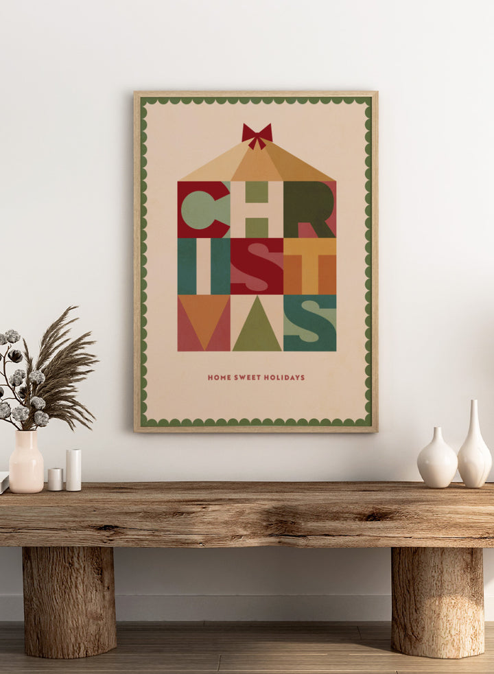 Shop Home Sweet Christmas by Dominique Vari, a retro holiday wall art print poster featuring geometric typography, a festive house, bow, and warm vintage colors.