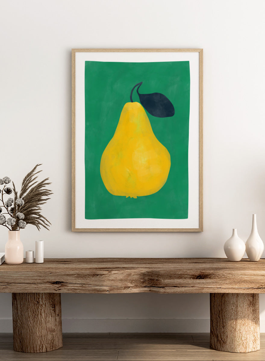 Shop Vibrant Yellow Pear by Elena Ristova, a colorful fruit wall art print poster featuring an oversized yellow pear, dark leaf, and rich green background.