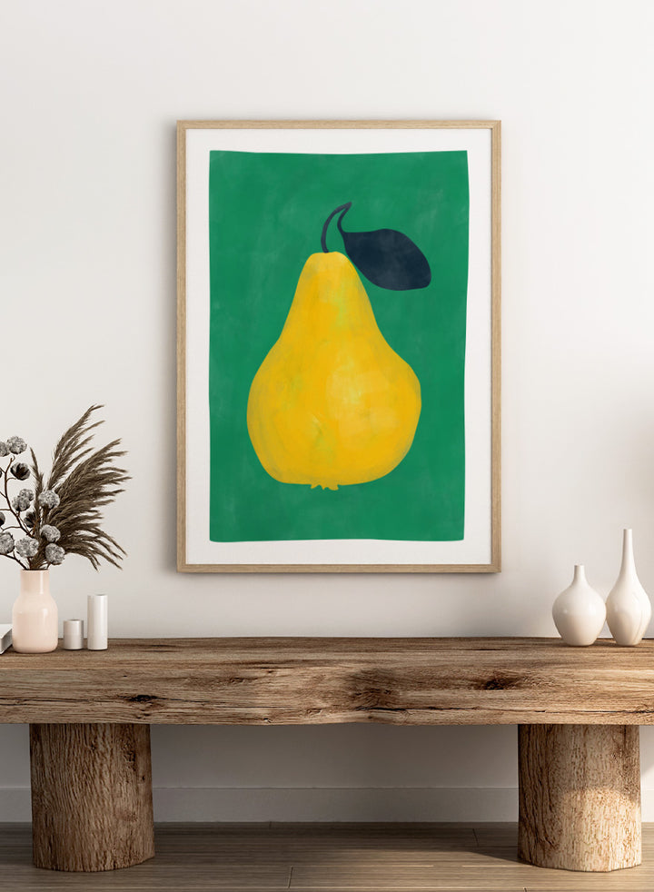 Shop Vibrant Yellow Pear by Elena Ristova, a colorful fruit wall art print poster featuring an oversized yellow pear, dark leaf, and rich green background.