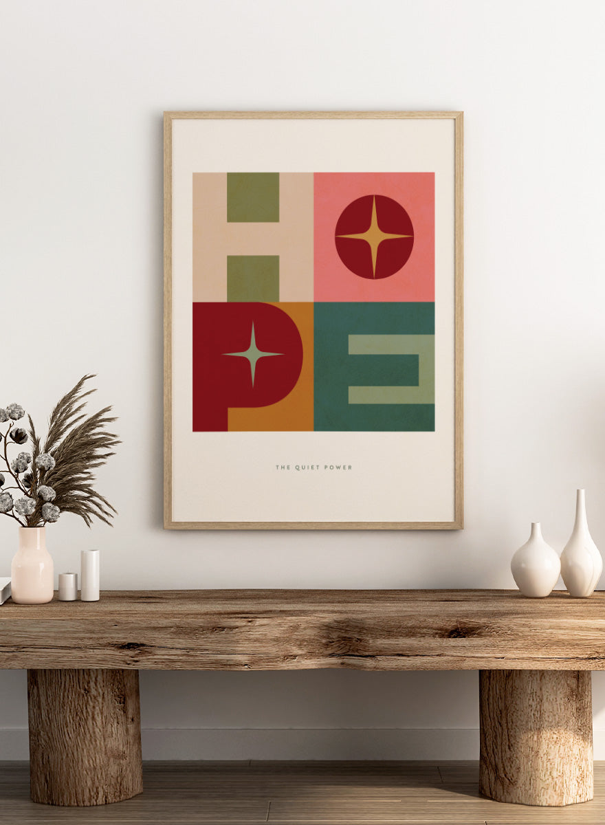 Shop Hope Retro Typography by Dominique Vari, a retro typography wall art print poster featuring bold geometric letters, star shapes, and warm vintage-inspired color.