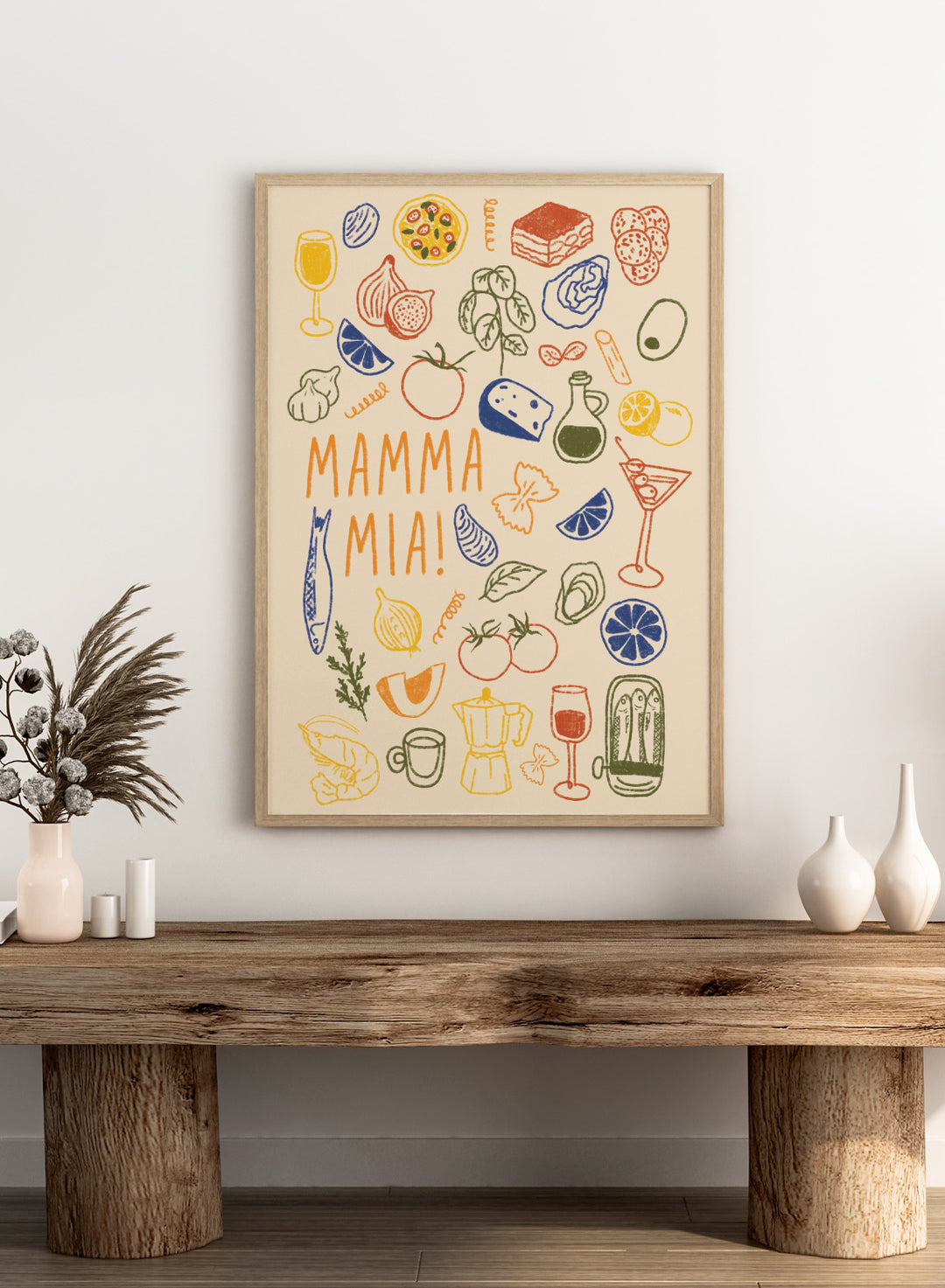 A framed art print featuring a cream-colored background decorated with hand-drawn, colorful Italian-themed illustrations, including pasta, pizza, wine, tomatoes, and a coffee maker, with the text &