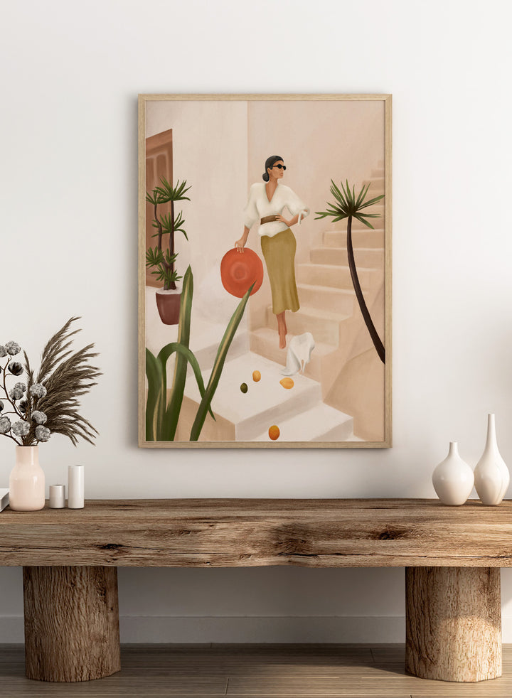 Woman descending stairs holding a red bag, surrounded by plants and fruit on a light background. Chic Woman Warm Steps by City Art features a woman surrounded by tropical plants and warm Mediterranean interiors, bringing organic living and natural style into the home.