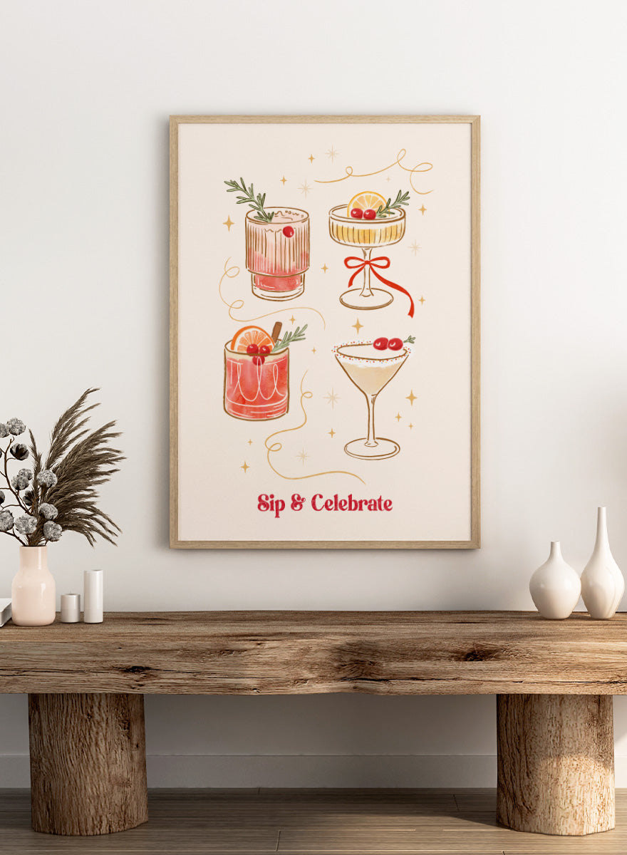 Shop Festive Holiday Christmas Cocktails by Katarzyna Gąsiorowska, a festive cocktail wall art print poster featuring illustrated drinks, cherries, and citrus.