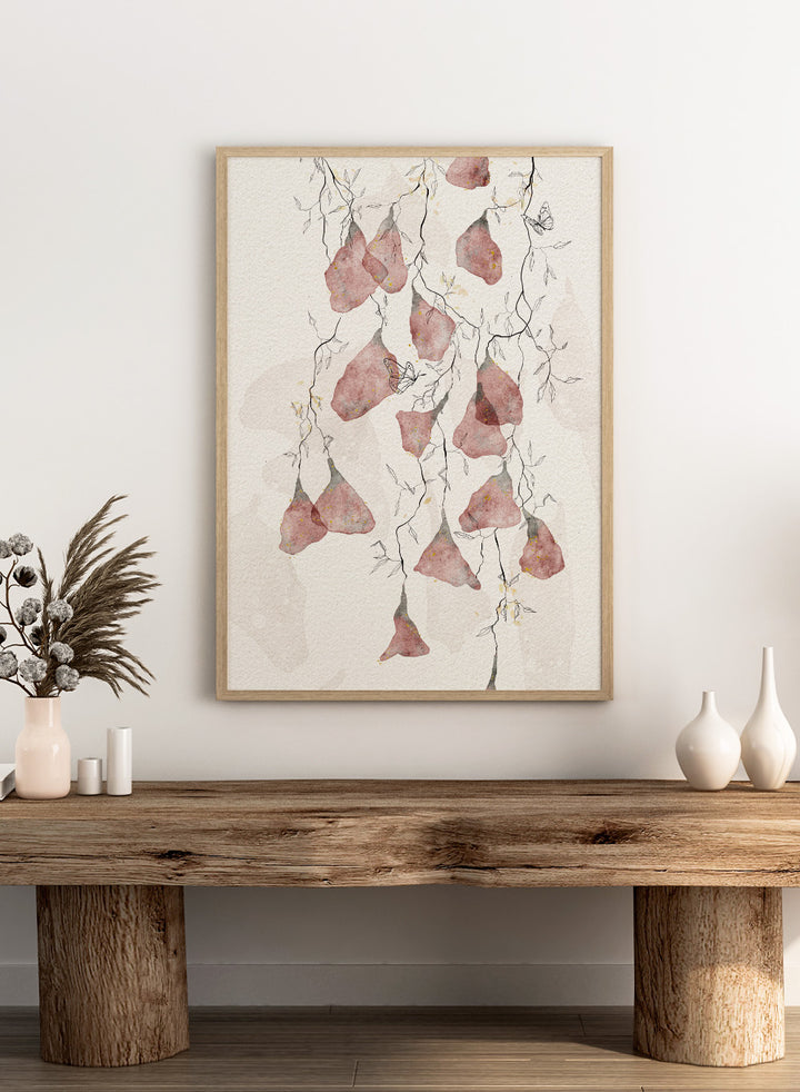 Artistic depiction of pink flowers and branches on a light background. Butterfly Kisses by Ankie Kooi features hanging watercolor flowers, delicate branches, and butterflies in soft neutral tones. Minimal botanical art print inspired by nature.