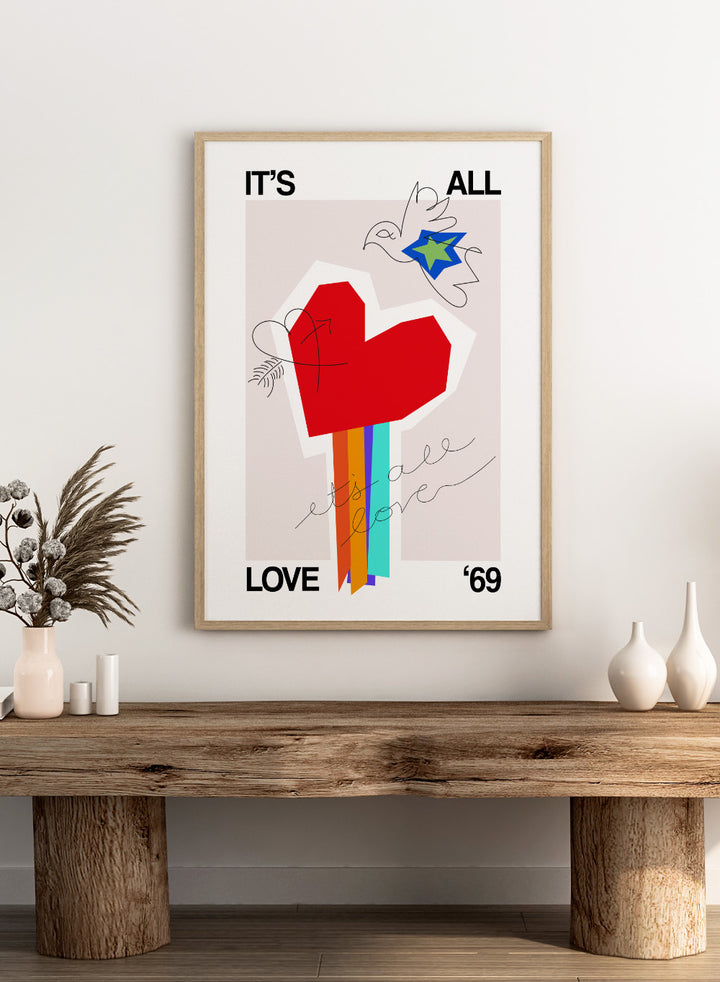 Colorful abstract design with a red heart and text on a light background. It’s All Love ’69 Heart Greige by Frances Collett is a colorful heart art print with rainbow stripes and expressive linework. Officially licensed contemporary wall poster with optional framing.