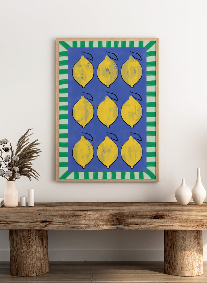 Shop Vibrant Lemons Blue Grid by Elena Ristova, a colorful lemon wall art print poster in yellow, blue, and green with a bold graphic grid design.