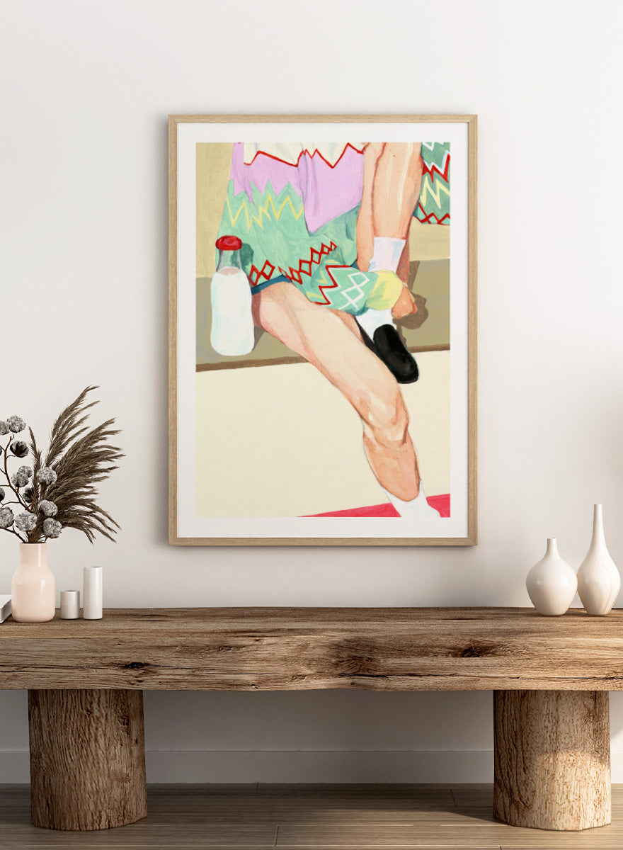 Shop Colorful Sweater Milk by Sophia Novosel, a modern figurative wall art print poster featuring a patterned sweater, milk bottle, crossed legs, and bold color.