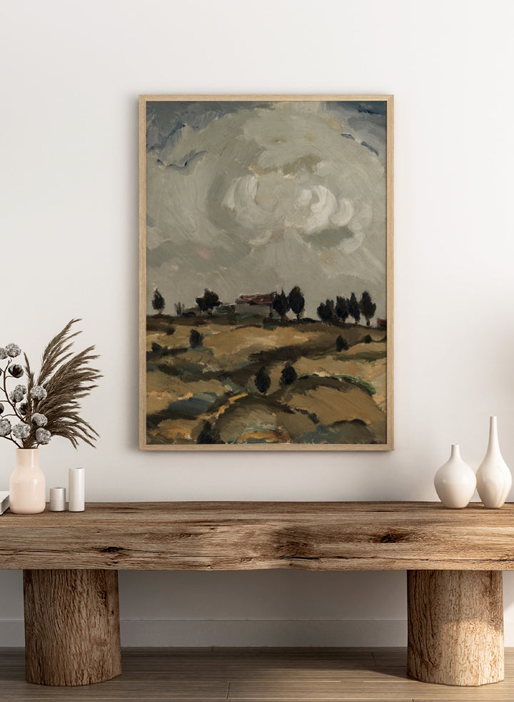 Shop Autumn Landscape with Clouds by Ilmari Aalto, a vintage Finnish landscape wall art print poster depicting rolling fields beneath a dramatic gray sky.