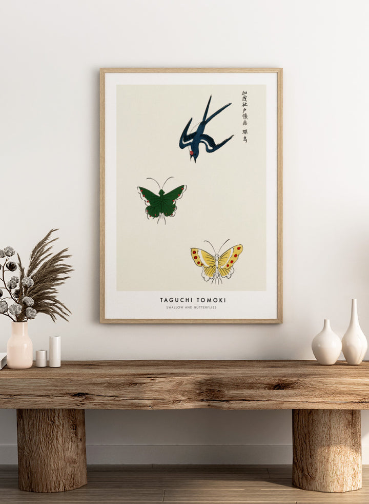 Swallow and Butterflies by Taguchi Tomoki from Yatsuo no Tsubaki is a vintage Japanese woodblock art print featuring a blue swallow and colorful butterflies on warm ivory.