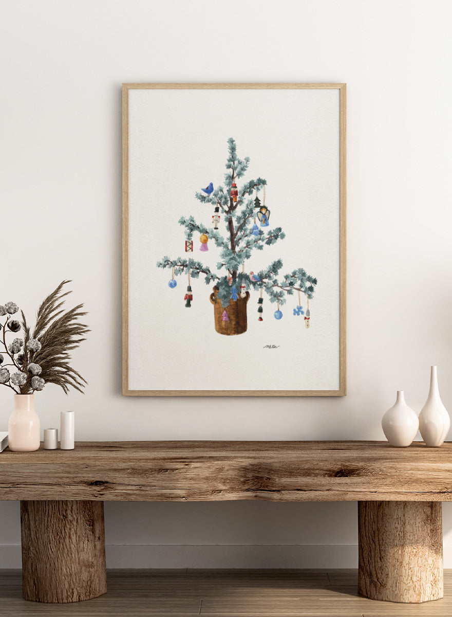 Shop Potted Festive Christmas Tree by NKTN, a Christmas wall art print poster featuring a decorated tree with nutcrackers, birds, bells, and vintage ornaments.