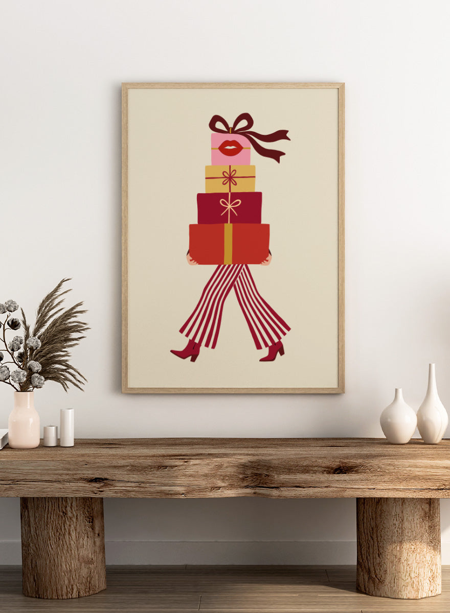 Shop Fashionable Gift Shopping by Dominique Vari, a festive fashion wall art print poster featuring stacked presents, striped trousers, red boots, and retro holiday colors.