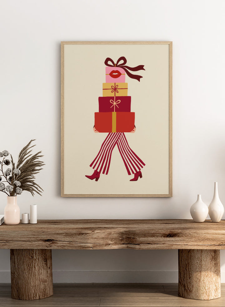 Shop Fashionable Gift Shopping by Dominique Vari, a festive fashion wall art print poster featuring stacked presents, striped trousers, red boots, and retro holiday colors.