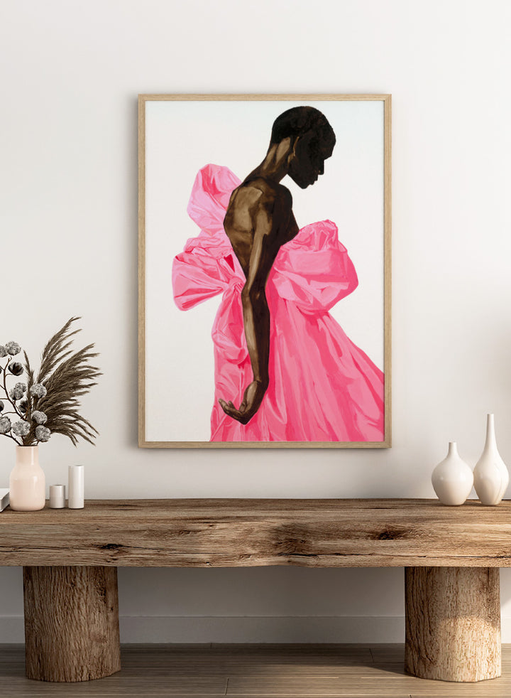 Shop Vibrant Pink Bow Dress by Sophia Novosel, a modern fashion wall art print poster featuring a woman in a dramatic pink dress with oversized bows.