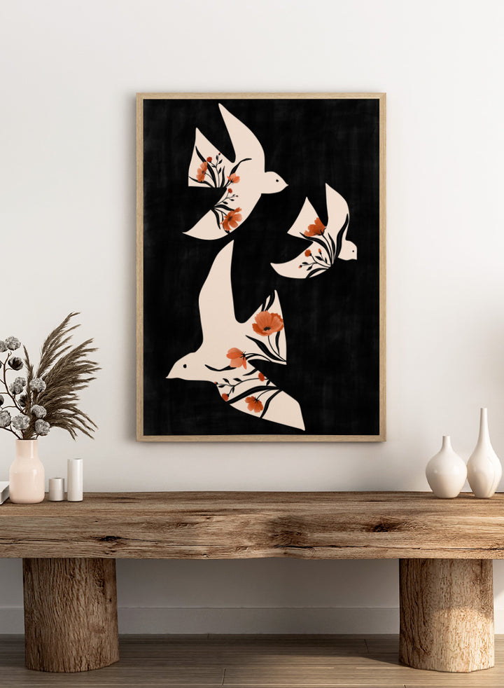 Shop Floral Dove Flight by Elena Ristova, a modern bird wall art print poster featuring cream doves filled with terracotta flowers on a black background.