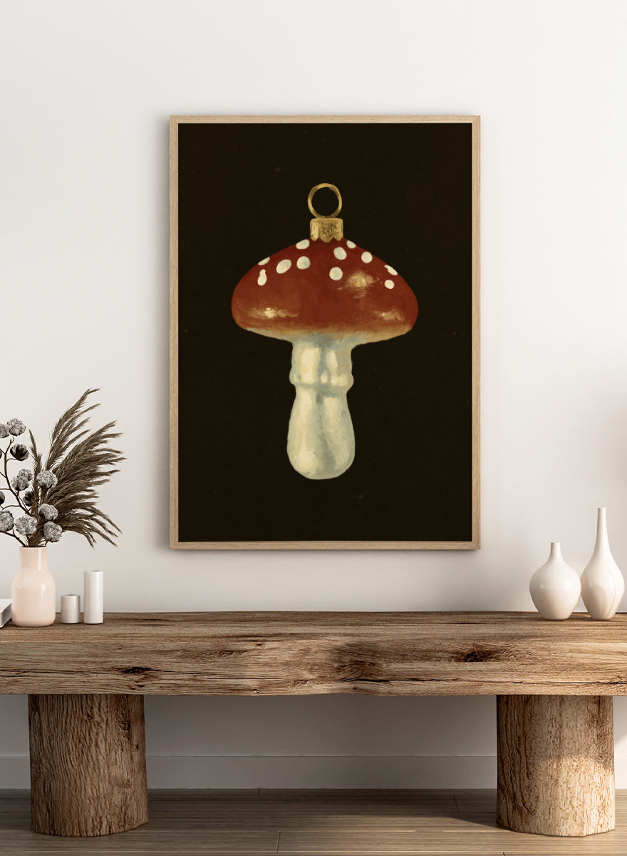 Shop Festive Mushroom Ornament by NKTN, a Christmas wall art print poster featuring a red-and-white mushroom ornament with vintage woodland holiday charm.