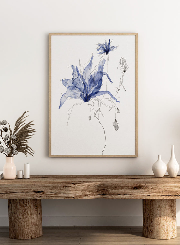 Abstract botanical art print featuring layered, semi-transparent blue flower silhouettes with fine black sketch lines on a white background. Shop Indigo Watercolor Florals by Ankie Kooi, a floral wall art print poster with blue watercolor flowers, botanical line art, buds, and white background.