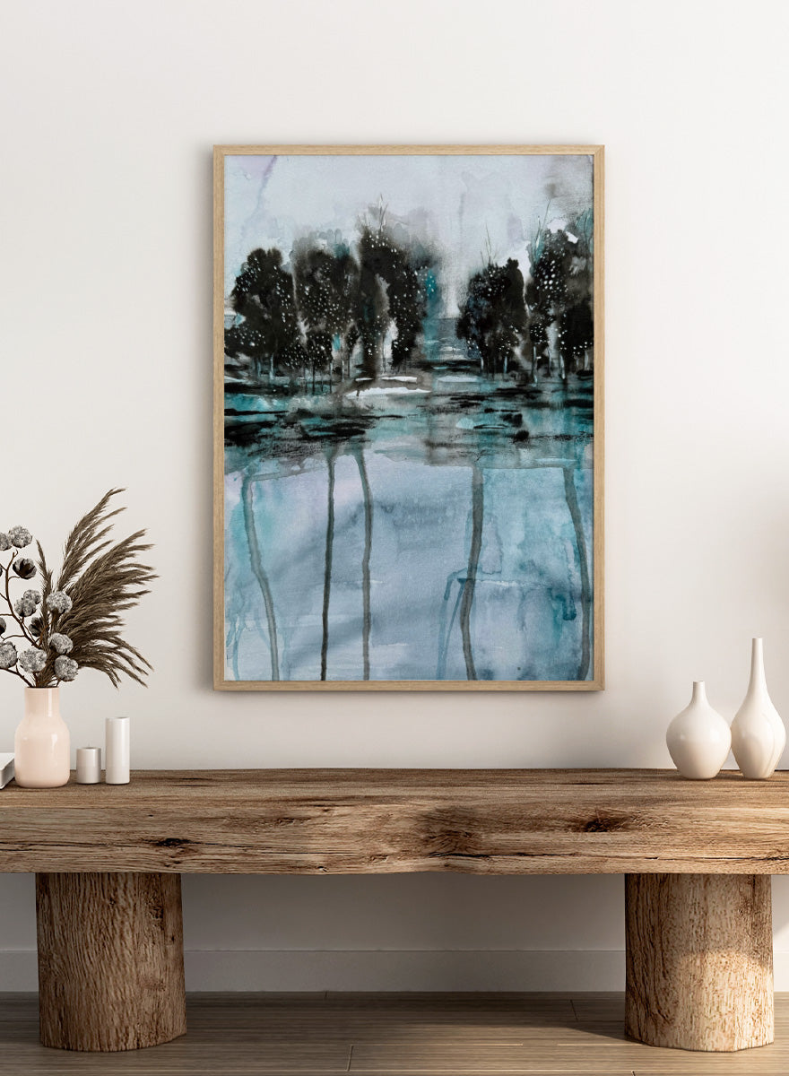 Shop Dark Forest Reflection by Helena Ryhle, a moody watercolor landscape wall art print poster featuring dark trees, reflective water, and deep blue-green tones.