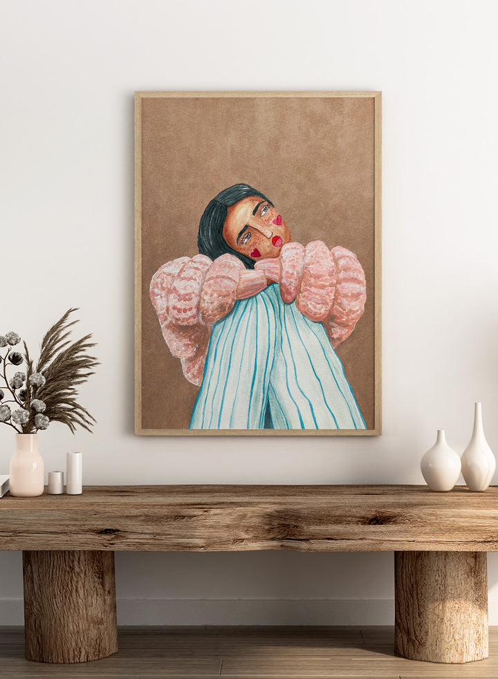 Artistic illustration of a person with large, textured sleeves against a brown background. Dreaming Girl by Raissa Oltmanns is a modern woman portrait art print with soft watercolor style, cozy pink jacket illustration, and contemporary wall poster.