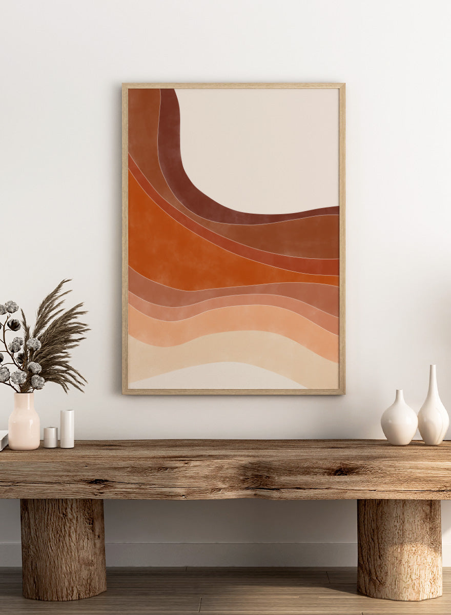 Shop Warm Desert Layers No.2 by Elena Ristova, a modern desert wall art print poster featuring flowing rust, peach, cream, and warm earthy layered shapes.