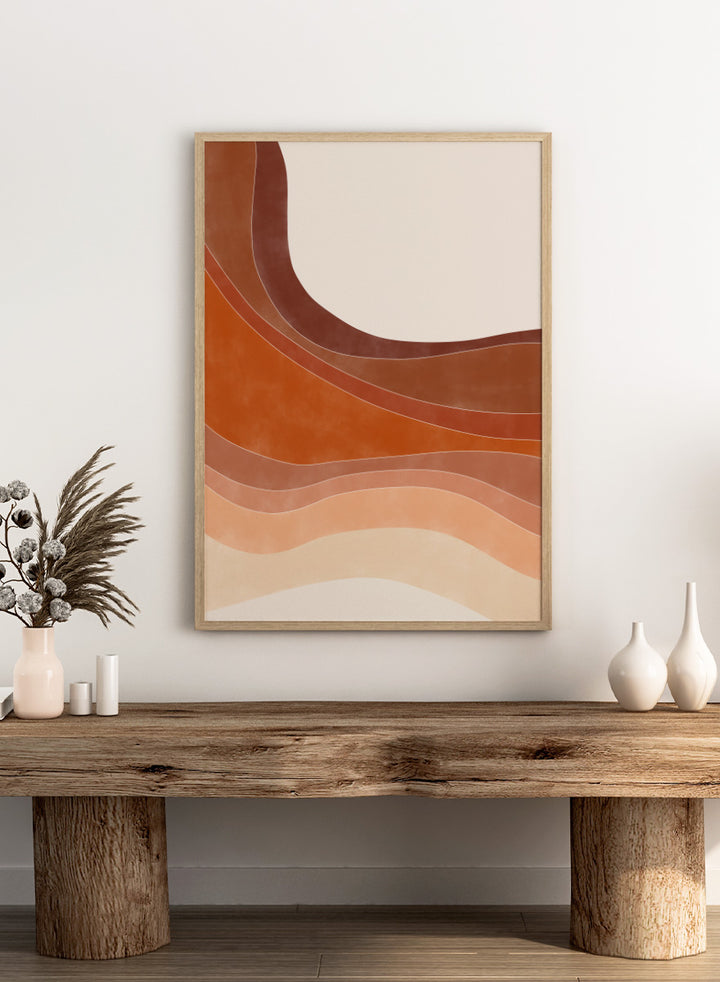 Shop Warm Desert Layers No.2 by Elena Ristova, a modern desert wall art print poster featuring flowing rust, peach, cream, and warm earthy layered shapes.