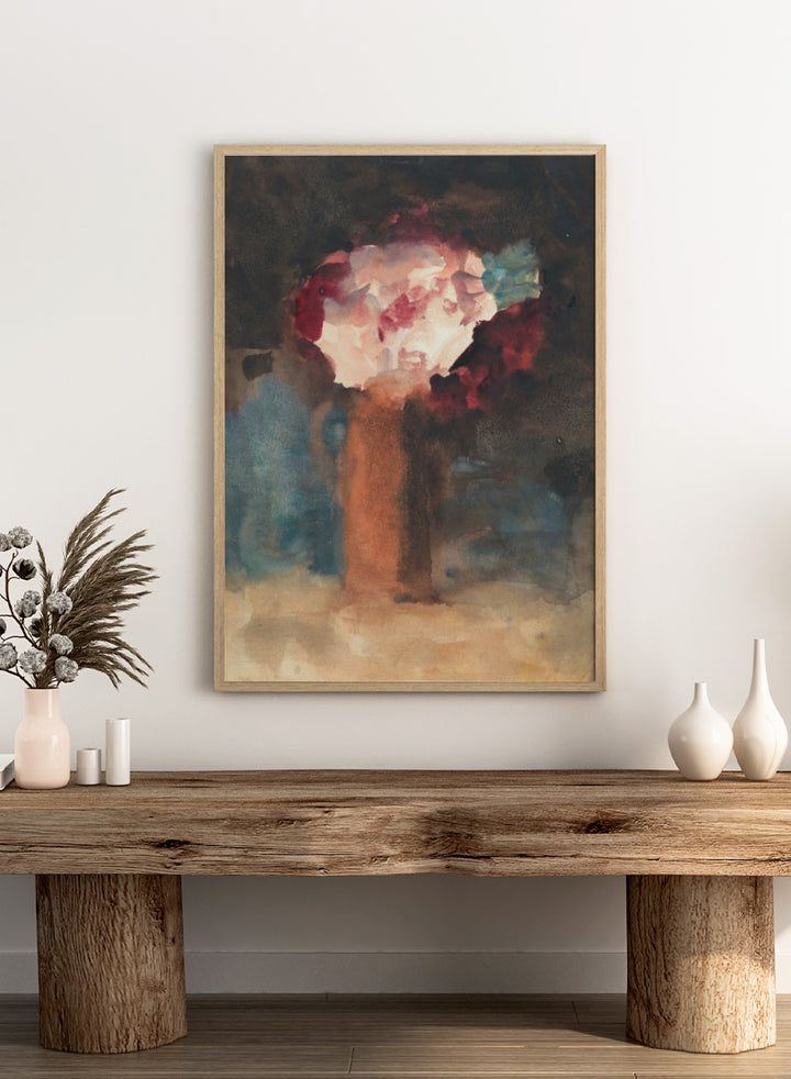 An abstract watercolor painting of a vase with flowers, featuring a warm terracotta-brown vase and a bouquet of white, red, and blue blossoms against a dark, textured background. Roses by Hercules Brabazon Brabazon is a vintage floral art print featuring pink and red roses in a terracotta vase with a dark, moody background.
