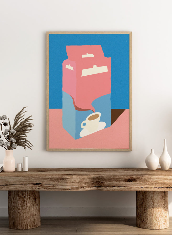 Illustration of a pink milk carton pouring into a white cup on a blue background. Illustration of a pink milk carton pouring into a white cup on a blue background. Crema E Gusto Dolce by Rosi Feist is a minimalist coffee bag kitchen art print with Bauhaus-inspired color. Officially licensed modern poster with framing.