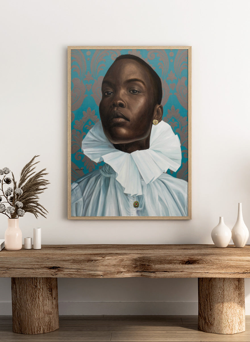 A portrait painting of a Black man with a shaved head, wearing a large white ruffled collar and light blue shirt, set against a teal and gold damask patterned background. Shop Regal Woman Ruff Collar by Damilare Jamiu, a contemporary portrait wall art print featuring a regal woman, dramatic white ruff collar, and rich teal tones.