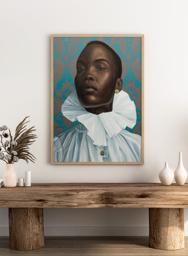 A portrait painting of a Black man with a shaved head, wearing a large white ruffled collar and light blue shirt, set against a teal and gold damask patterned background. Shop Regal Woman Ruff Collar by Damilare Jamiu, a contemporary portrait wall art print featuring a regal woman, dramatic white ruff collar, and rich teal tones.