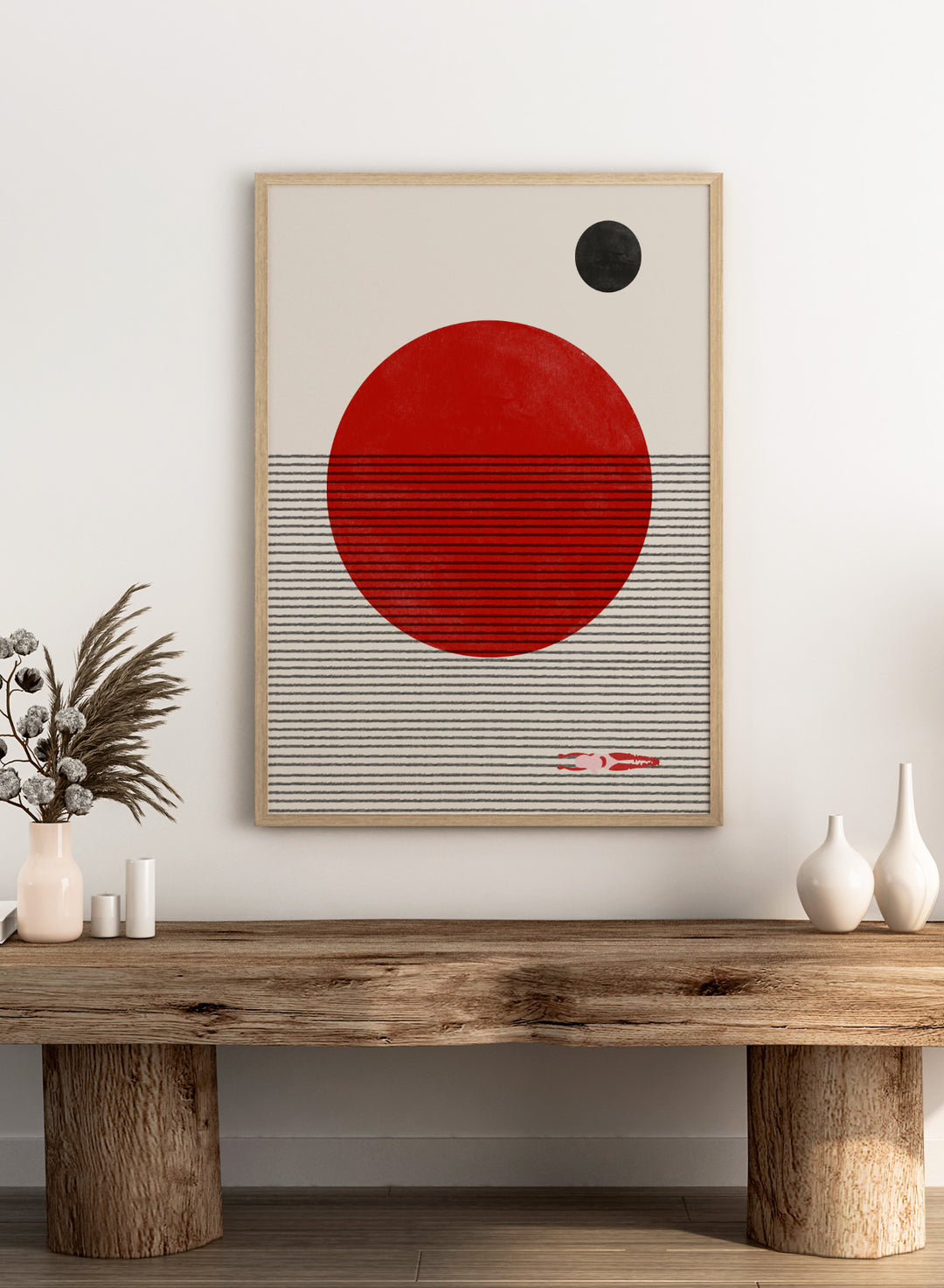 Abstract design with a red circle, black dot, and striped pattern on a beige background. Floating Horizons by The MIUUS Studio is a minimalist abstract art print and wall poster featuring geometric shapes, red sun, ocean lines, and swimmer detail.