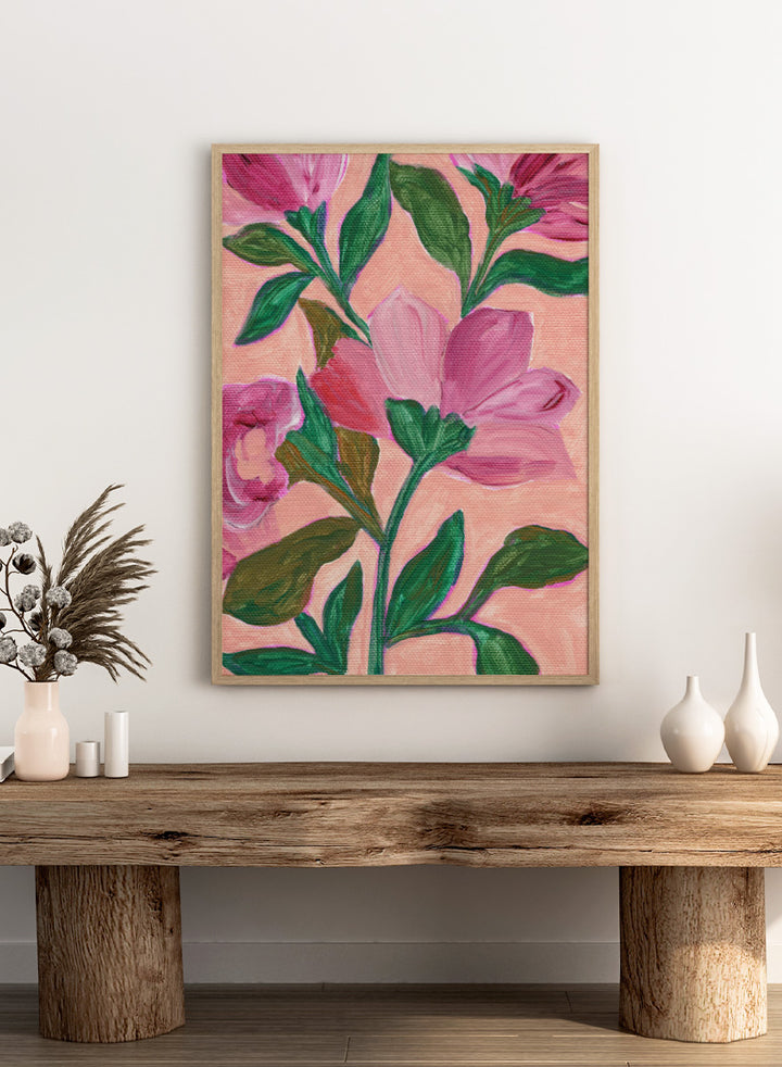 Shop Vibrant Pink Blooms No.2 by Nikita Jariwala, a floral wall art print poster featuring oversized pink flowers and lush modern botanical artwork.