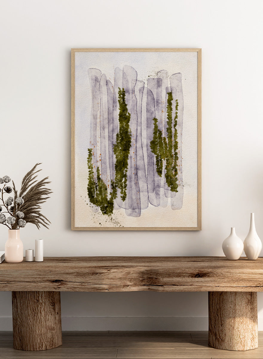 Shop Mossy Forest Abstract by Ankie Kooi, an abstract forest wall art print poster with watercolor trees, woodland art, green, purple, and cream.