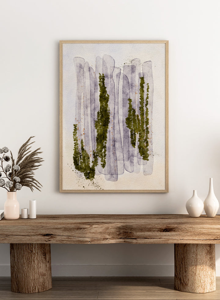 Shop Mossy Forest Abstract by Ankie Kooi, an abstract forest wall art print poster with watercolor trees, woodland art, green, purple, and cream.