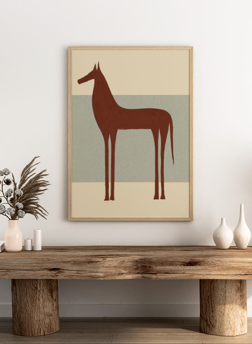 Minimalist Brown Horse by The Art Concept animal art print featuring a tall brown horse, elongated proportions, and a soft cream and blue-grey background.