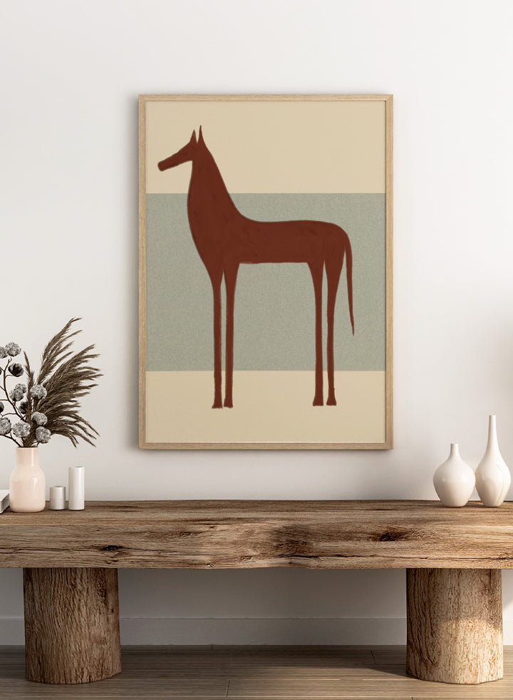 Minimalist Brown Horse by The Art Concept animal art print featuring a tall brown horse, elongated proportions, and a soft cream and blue-grey background.