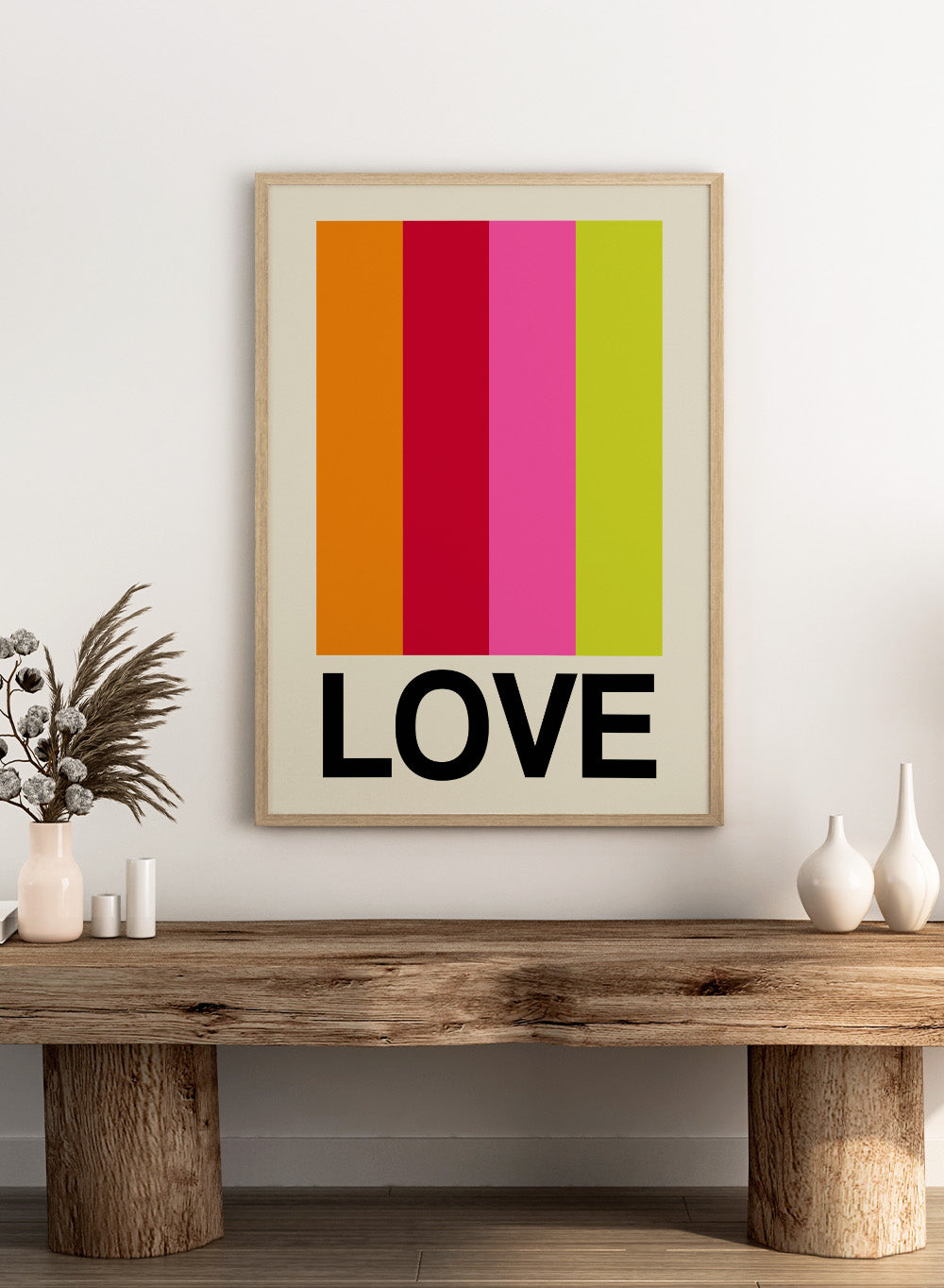 Colorful striped poster with the word 'LOVE' on a beige background. Retro Stripe LOVE Fruit by Frances Collett features colorful vertical stripes and bold LOVE typography. Officially licensed modern graphic art print with optional framing.