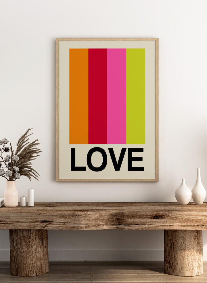 Colorful striped poster with the word 'LOVE' on a beige background. Retro Stripe LOVE Fruit by Frances Collett features colorful vertical stripes and bold LOVE typography. Officially licensed modern graphic art print with optional framing.