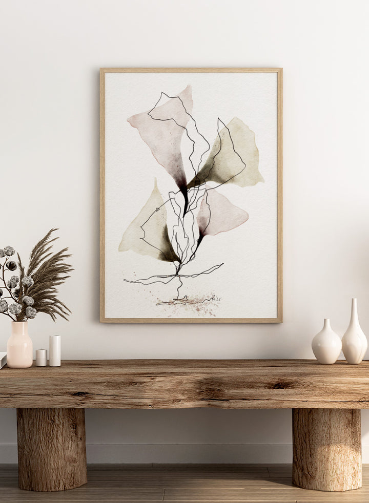 Abstract watercolor and ink botanical art print featuring soft beige, brown, and dusty rose watercolor shapes with fine black line work on textured white paper. Shop Abstract Botanical Flow by Ankie Kooi, a botanical wall art print poster with abstract watercolor leaves, floral line art, pink, green, cream, and black.
