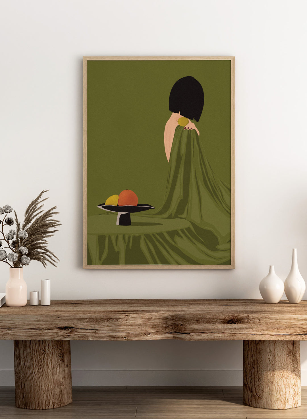 Green Dress Still Life by Lisa Solomoniuk premium framed fine art print featuring a woman, fruit, and flowing fabric in rich olive green tones.