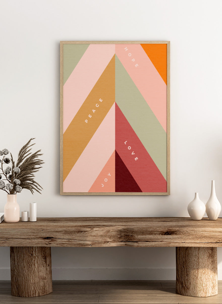 Shop Hope Peace Love Joy by Dominique Vari, a retro holiday wall art print poster featuring geometric shapes, uplifting words, and warm pink, green, red, and ochre tones.