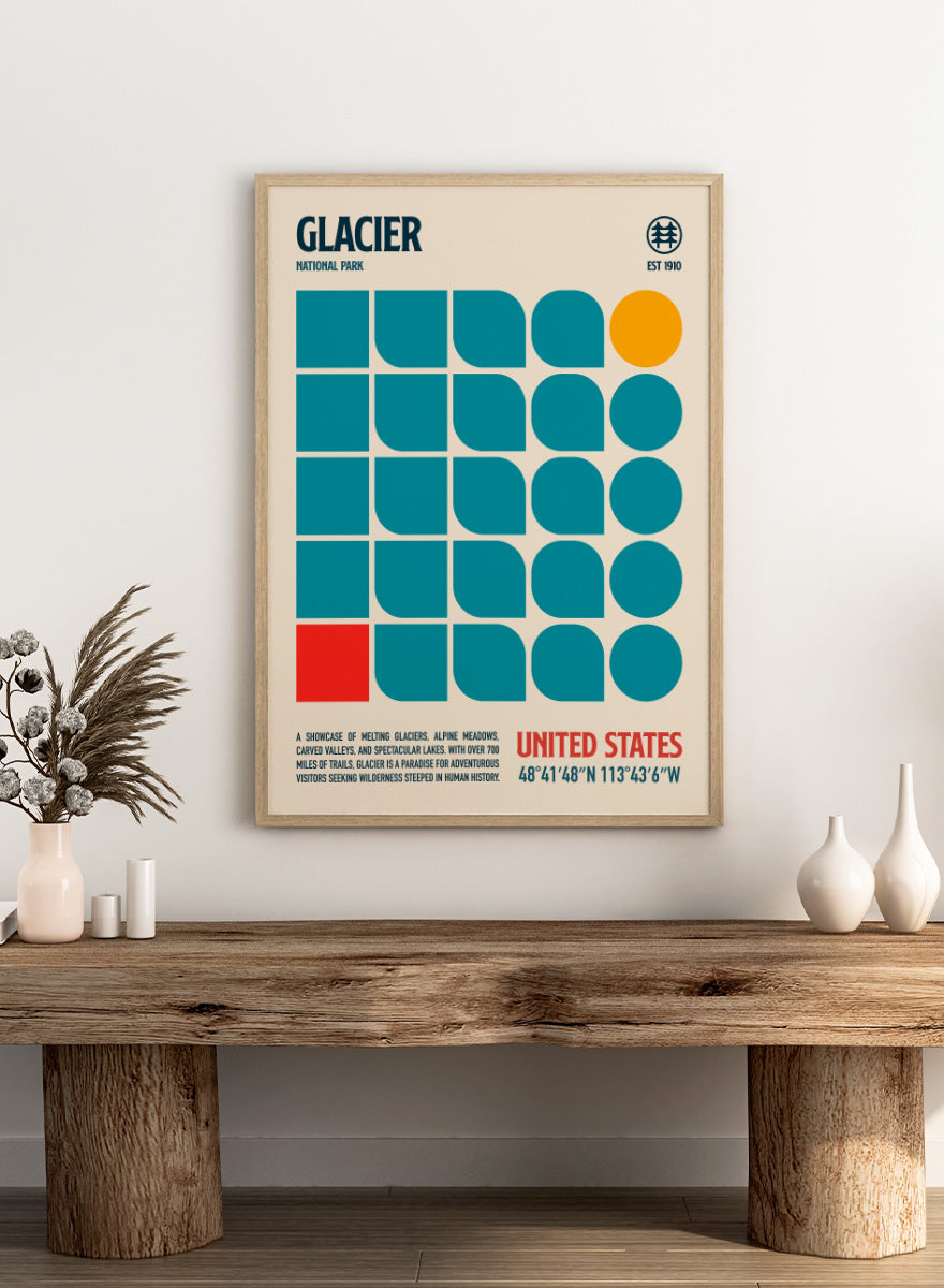 A retro-style poster for Glacier National Park featuring a cream background, teal geometric shapes, a yellow-orange circle, and red text. The top reads &