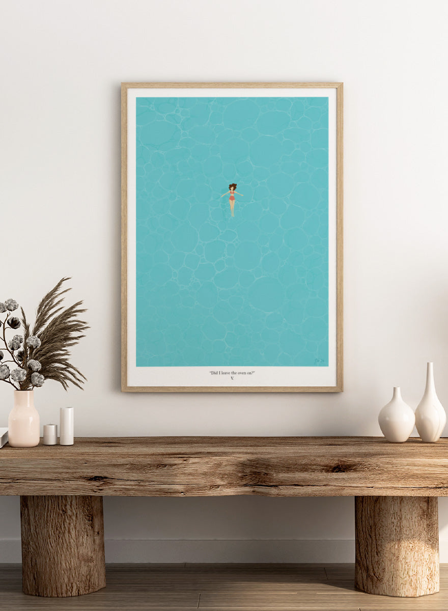 A minimalist art print featuring a small illustrated figure floating in a turquoise pool of water, with a black border and the caption &