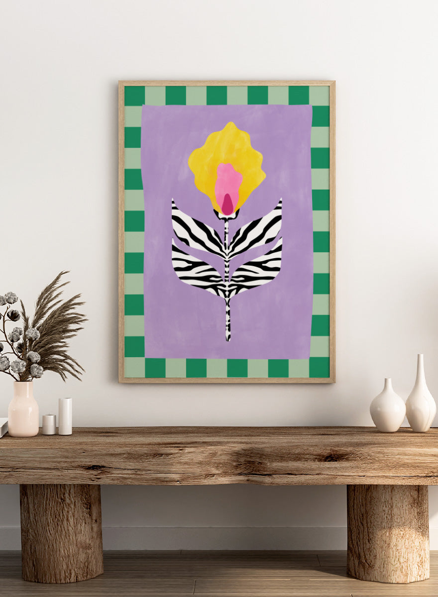 Shop Modern Zebra Flower by Elena Ristova, a colorful floral wall art print poster featuring zebra-striped leaves, a yellow-pink bloom, lavender, and green checks.