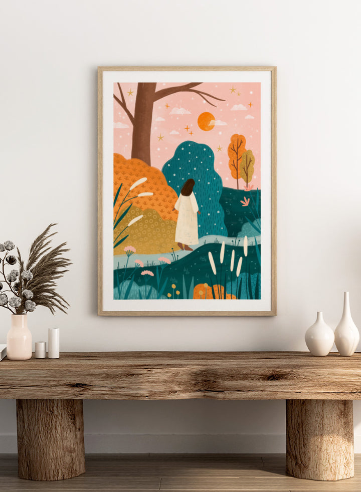 Shop Dreamy Path Exploration by Bea Müller, a figurative autumn landscape wall art print poster featuring a woman on a colorful garden path in blue and orange tones.