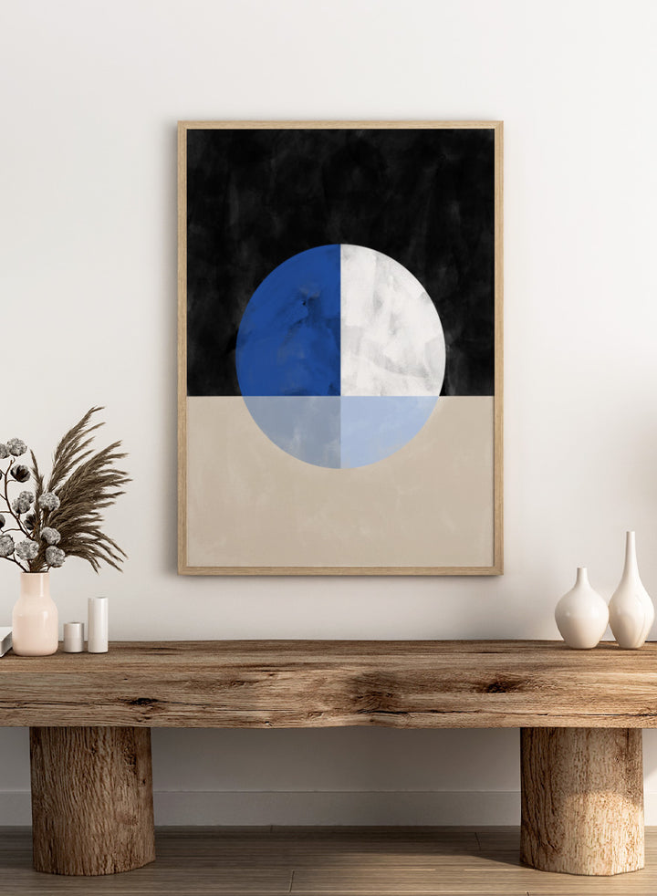 Shop Abstract Geometric Reflection by Elena Ristova, a modern abstract wall art print poster featuring a blue-and-white circle, mirrored forms, and bold black and cream.