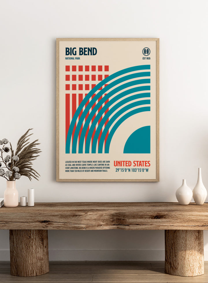 A stylized travel poster for Big Bend National Park featuring bold geometric graphics in teal and red on a warm beige background, with text including &
