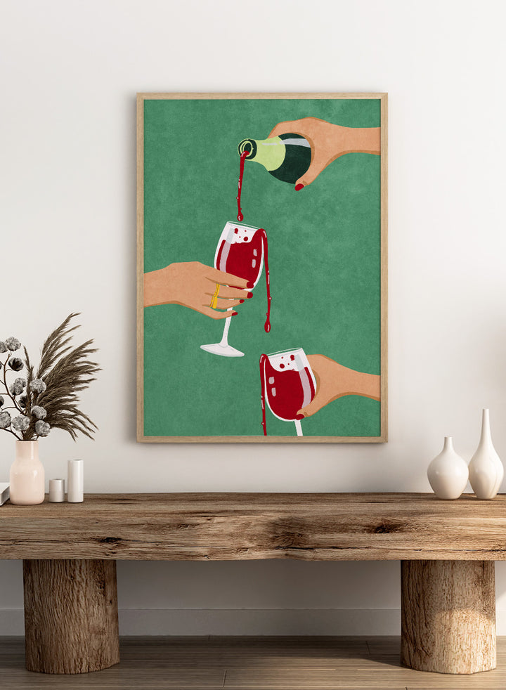 Illustration of hands pouring red wine into glasses on a green background. Cheers Girls by Raissa Oltmanns is a modern wine art print featuring bold red glasses and contemporary girl dinner party wall poster style.