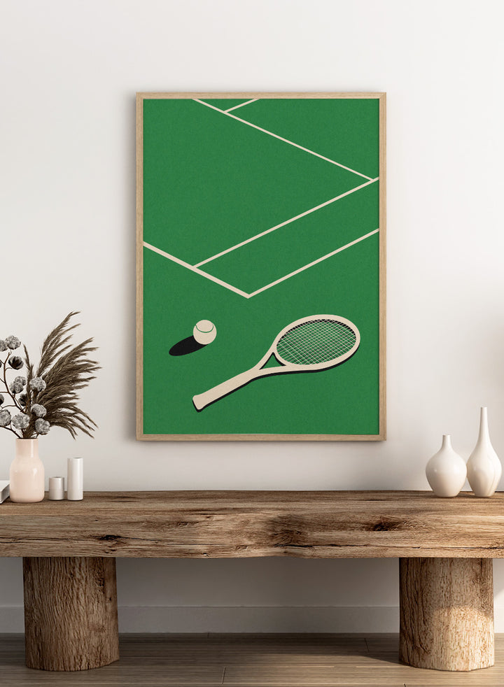 Tennis racket and ball on a green court with white lines. Lawn Tennis Club by Rosi Feist is a minimalist tennis court art print with modern Bauhaus design. Officially licensed fine art poster with framing.