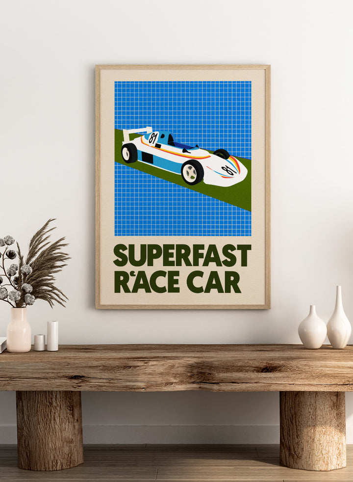 Poster of a race car with 'Superfast Race Car' text on a grid background. Superfast Race Car by Rosi Feist is a modern race car art print with bold graphic color, retro motorsport style, and contemporary poster design.