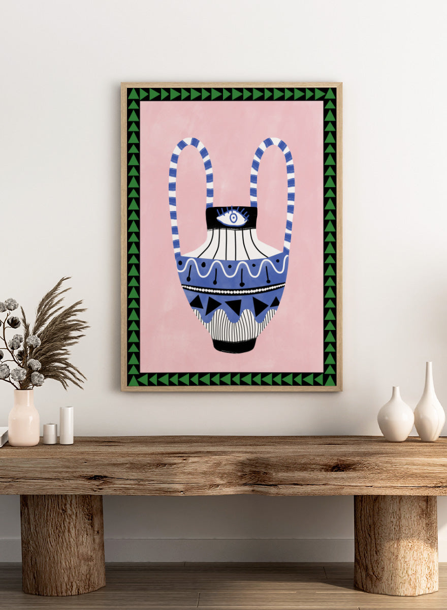 Shop Folk Art Eye Vase by Elena Ristova, a colorful folk-inspired wall art print poster featuring an eye motif, patterned vase, pink background, and green border.